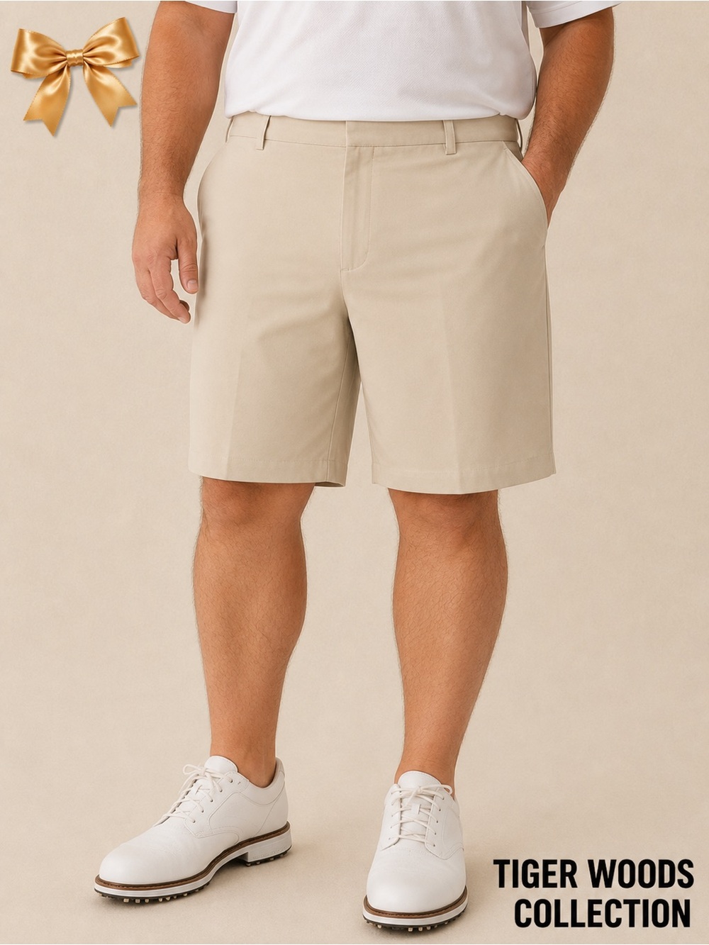 Tiger Woods Collection Flat Front Golf Shorts 42 Beige Performance Stretch
